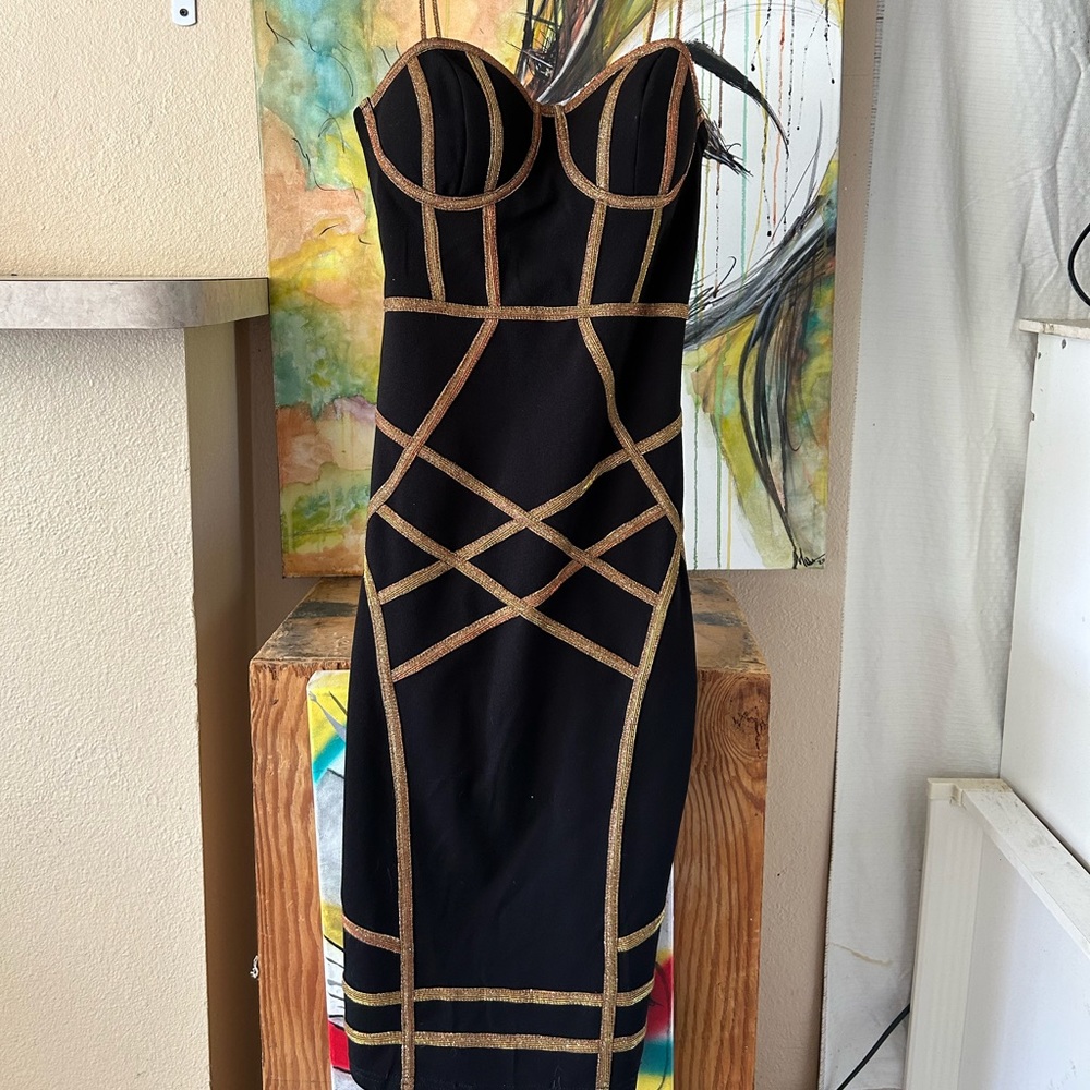 Black and gold mini dress